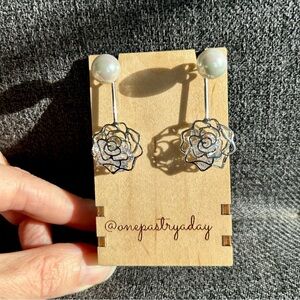 Sparkly, Rose Stud Drop Fashion Earrings, Silver, Pearl